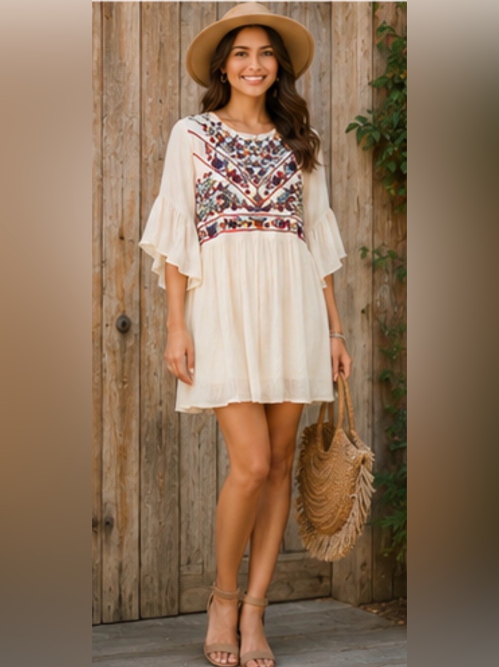 Umgee Embroidered Boho Flutter Sleeve Dress – Size Small